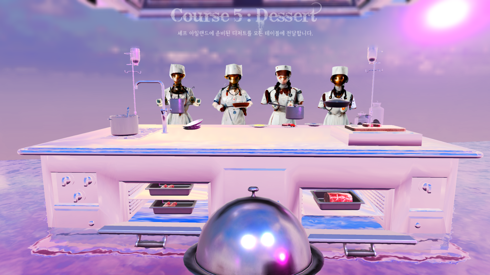 Still from Inhwa Yeom’s Imposter Kitchen, 2022–23, showing virtual chefs in a pink speculative kitchen