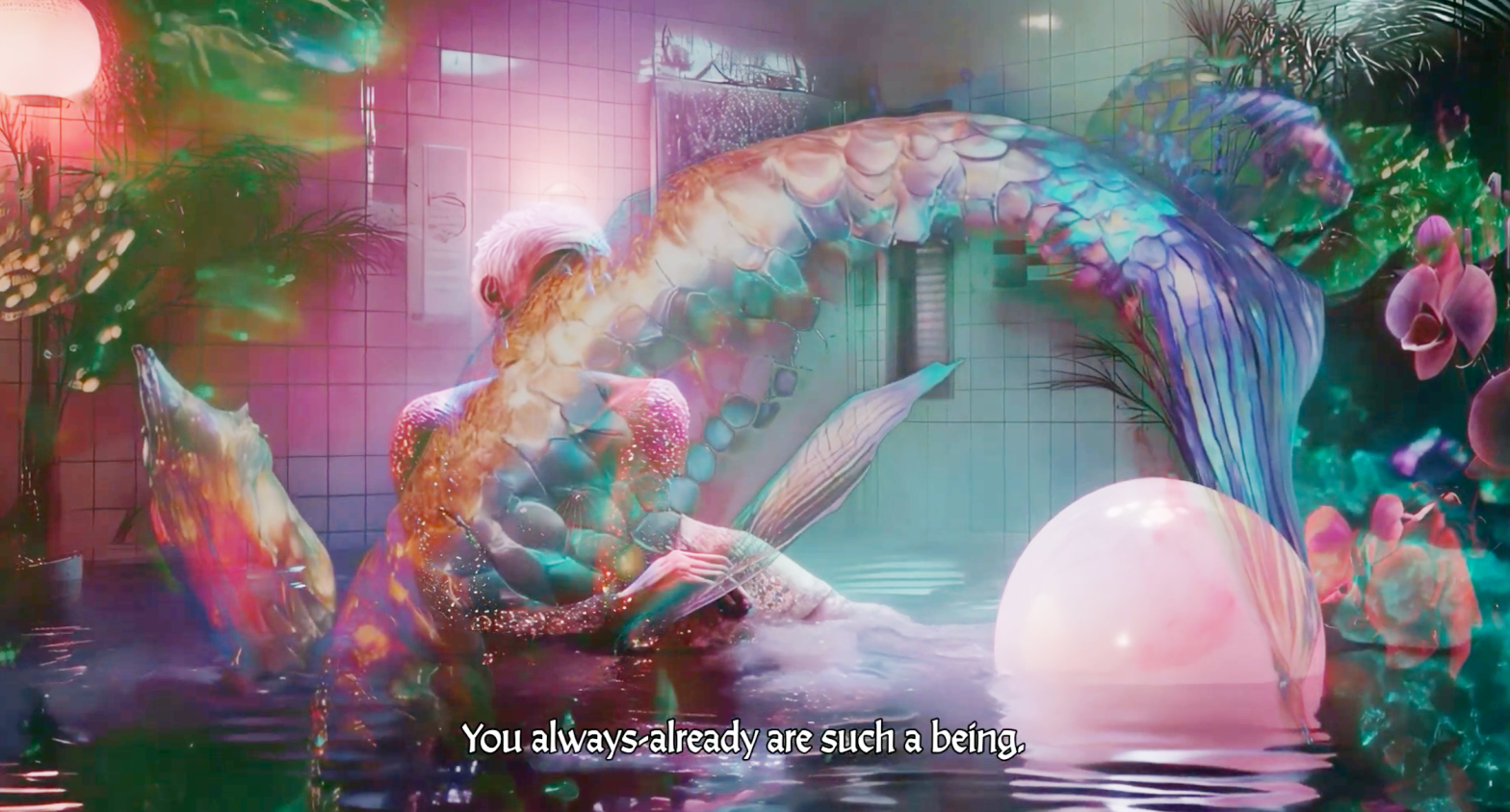 Artwork still from Inhwa Yeom’s SAUNA LAB: Becoming Human-Fish (2025), showing a speculative merfolk body in a tiled bath environment