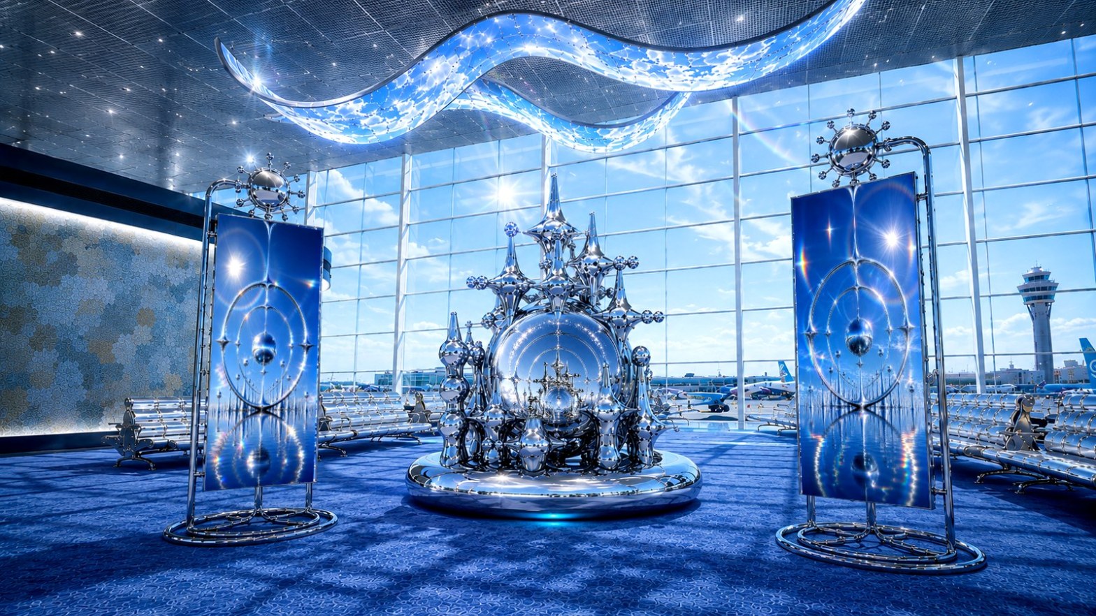 Installation visualization of Inhwa Yeom’s Takeaway: Love, Peace, Hospitality, with a silver inflatable sculpture and two blue lenticular panels at Incheon Airport